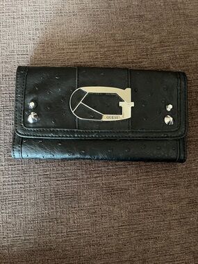 GUESS Black Faux-Ostrich Wallet with Silver Logo Accent